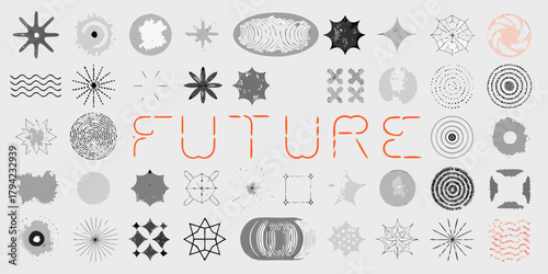 Abstract futuristic graphic design elements and symbols arranged in a grid with the word future