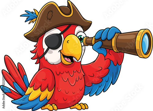 Cartoon pirate parrot with telescope, brown hat, blue feather, red bandana, eye patch, cheerful expression, vector illustration, fun animal character