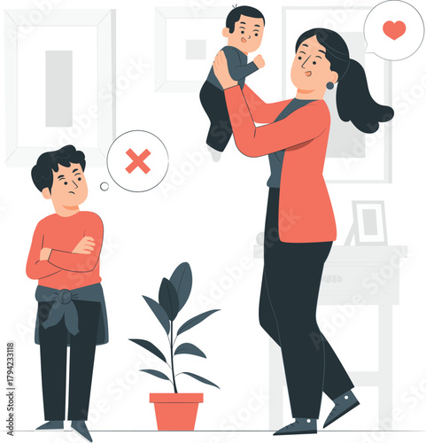 Mother Holding Baby with Older Child Looking On infant