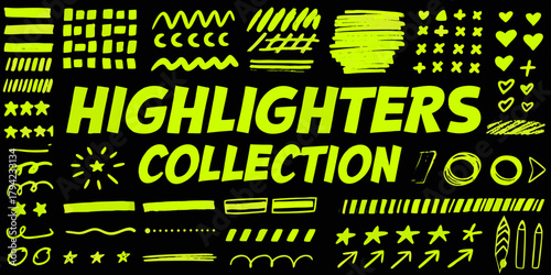 Collection of bright yellow highlighter pen strokes and symbols on a black background