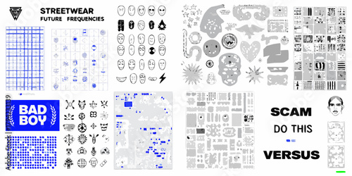 Diverse collection of abstract graphic elements and illustrations for streetwear and future fashion design