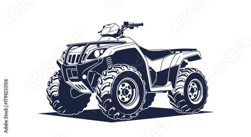 An illustration of a rugged ATV or quad bike in dark blue and white, perfect for off-road adventures.