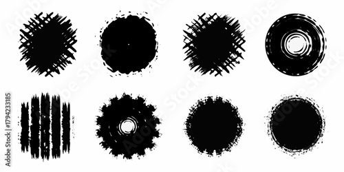 Collection of eight black grunge circles and abstract shapes with textured edges