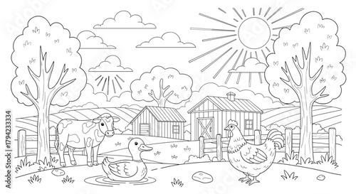 Black and white outline drawing of a cheerful farm scene featuring a cow, duck, and rooster amidst barns, trees, and fields.