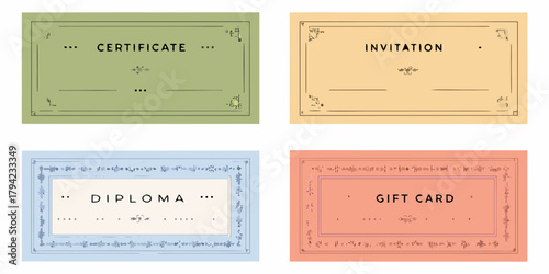 Four decorative vintage style certificates invitations diplomas and gift cards in pastel colors