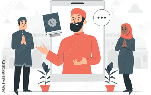 Muslim Man Giving Online Religious Sermon Via Smartphone vector illustration