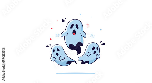Three cute blue cartoon ghosts with surprised expressions float playfully amidst colorful geometric shapes, perfect for Halloween.