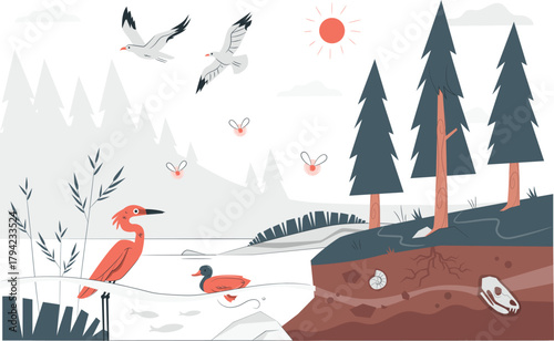 Nature scene with birds, animals, trees and fossils Keywords: nature, wildlife, birds, seagulls
