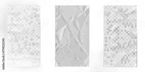 Three vertical abstract backgrounds with crumpled paper textures and checkered patterns