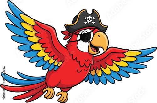 Cartoon red pirate parrot flying with eye patch, skull hat, colorful feathers, cheerful expression, children’s illustration, fun animal character, vector art