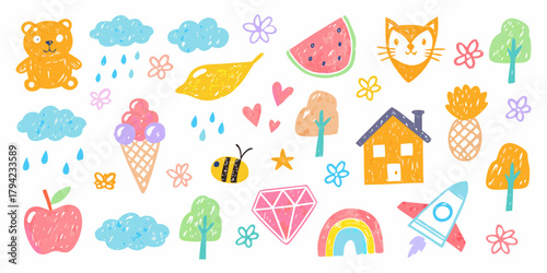 Cute hand drawn doodles of animals food nature and objects for childrens designs