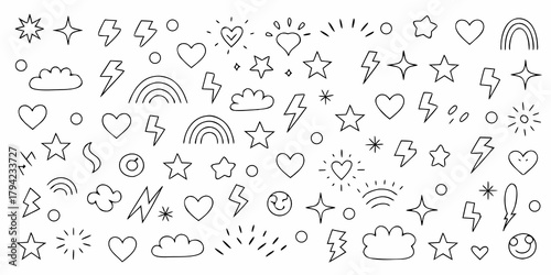 Collection of hand drawn doodle icons including stars hearts lightning bolts clouds rainbows and smiley faces