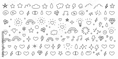 Collection of hand drawn doodle icons including stars hearts clouds lightning bolts rainbows and music notes
