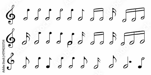 Collection of musical notes and symbols on a white background