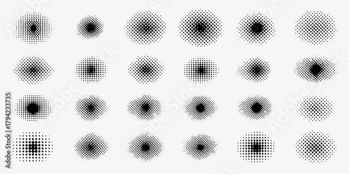 Collection of abstract circular halftone dot patterns with varying density and size on a white background