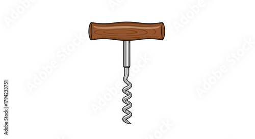 A simple, hand-operated T-shaped corkscrew with a brown wooden handle and a silver metal worm, used for opening wine bottles, isolated on a white background.
