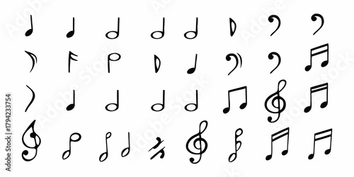 Collection of hand drawn musical notes and symbols on a white background