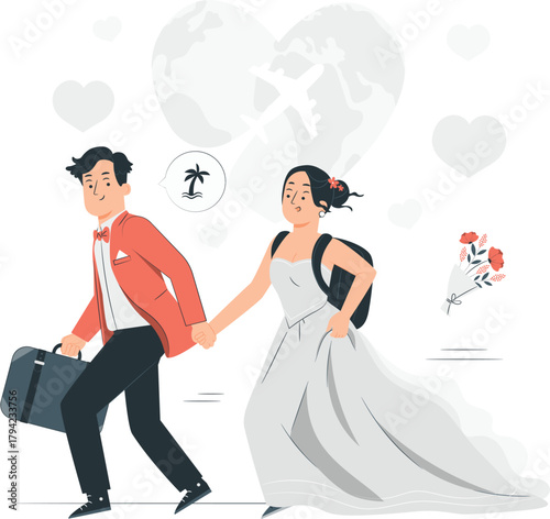 Newlyweds with luggage and airplane symbol heading for honeymoon wedding couple