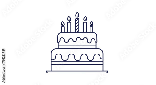 Simple line art illustration of a two-tiered birthday cake with lit candles, perfect for celebrations and special occasions.