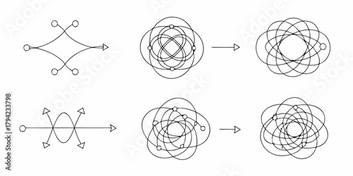 Abstract geometric diagrams illustrating transformation and complex systems with interconnected elements and pathways