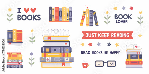 Collection of cute illustrated books reading quotes and related items for book lovers