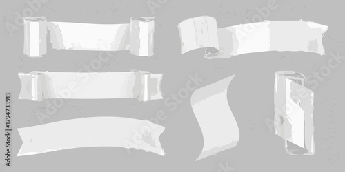Collection of five blank white watercolor banners and ribbons on a textured gray background