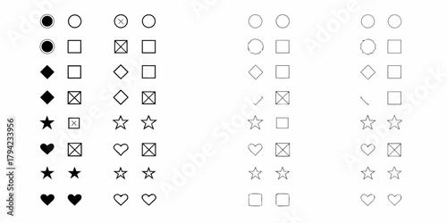 Collection of icons and symbols including filled and outline shapes checkmarks and crosses