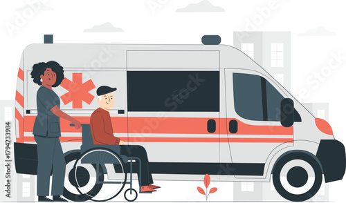 Nurse pushing elderly man in wheelchair next to ambulance medical healthcare