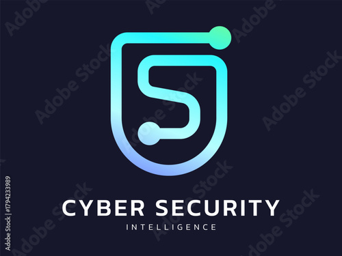 Cyber security intelligence data protection with Letter S circuit board lines shield shapes technology vector logo design concept. Abstract shield security icon logotype for ID ui, network, automation