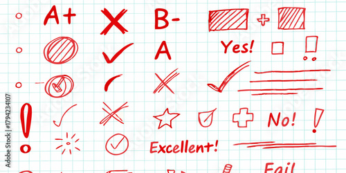 Hand drawn red marks and symbols on grid paper for grading and feedback