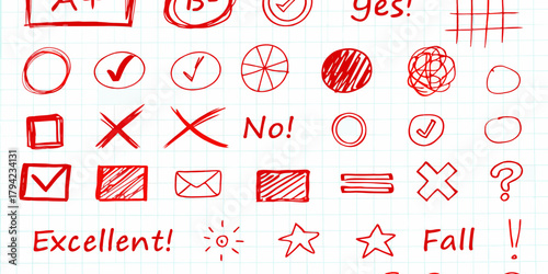 Collection of red hand drawn doodles and symbols on a grid paper background