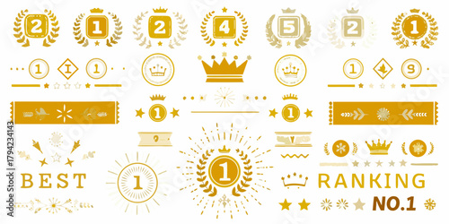 Collection of golden award ribbons laurels crowns and ranking badges for competition and success