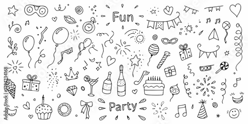 Collection of hand drawn doodle elements for birthday party celebration and fun events