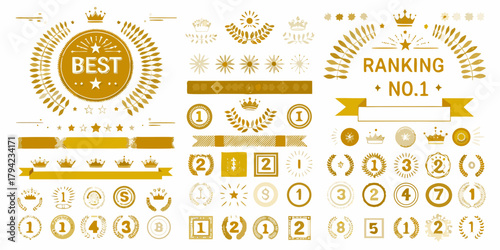 Collection of golden award badges ribbons stars crowns and ranking elements for victory and success