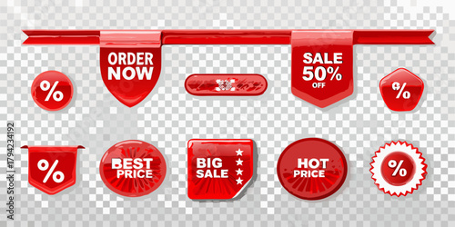Collection of red sale tags and labels for promotions and discounts