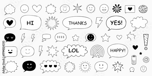 Collection of hand drawn doodle speech bubbles and emoticons with positive messages and symbols