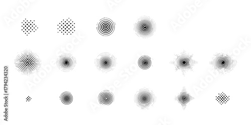 Collection of abstract circular patterns and dot clusters representing growth and expansion