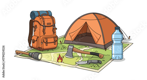 Essential camping and hiking gear, including a tent, backpack, axe, flashlight, knife, water bottle, and map, laid out for an outdoor adventure.