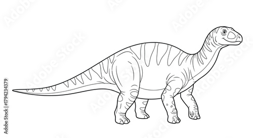 Black and white line drawing of a smiling herbivorous dinosaur, featuring a long neck and tail with patterned skin.
