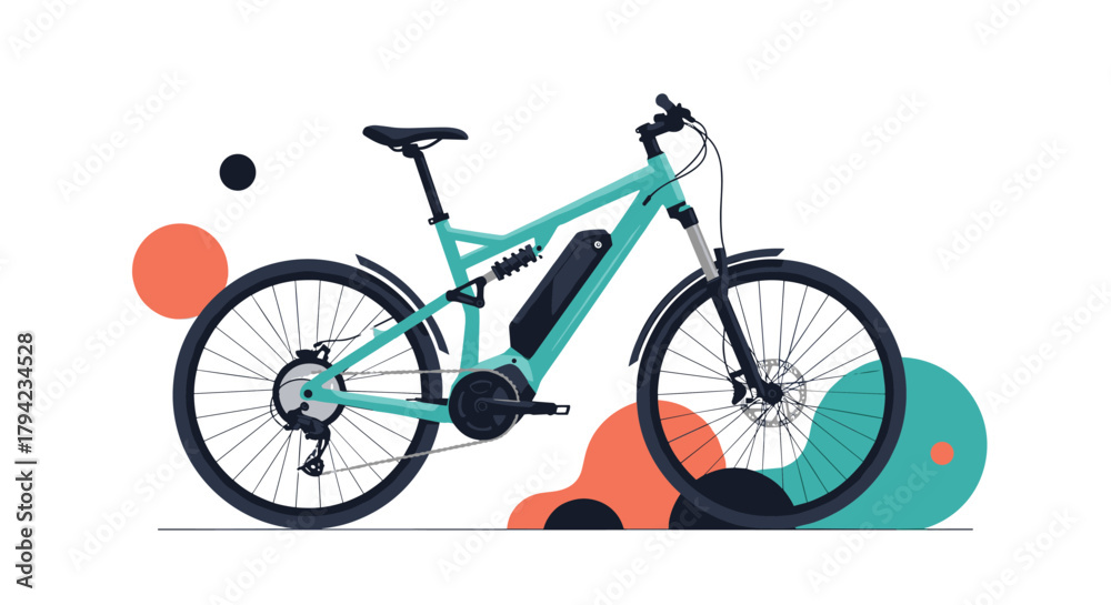 Fototapeta premium An illustrative depiction of a modern full-suspension electric mountain bike with a teal frame and integrated battery.