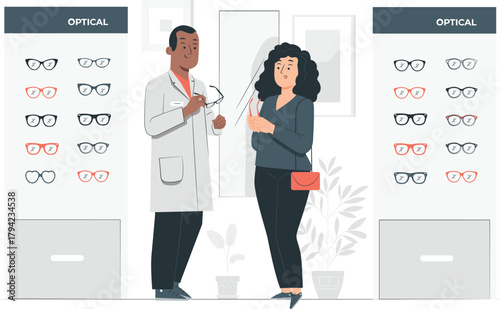 Optometrist Helping Customer Choose Eyeglasses at Optical Store optician woman