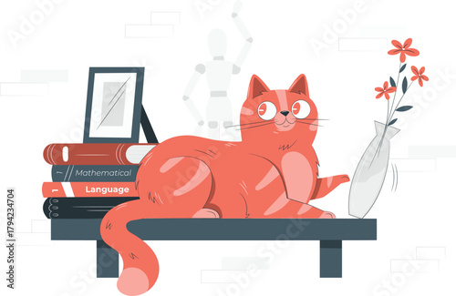 Orange tabby cat lounging on a shelf with books and a vase animal