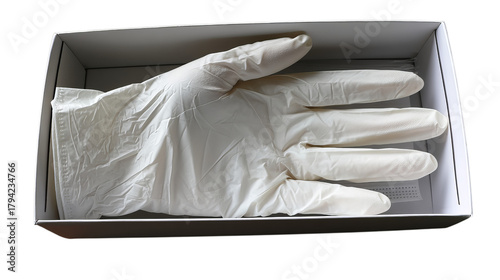 A clean white disposable glove rests in a box, symbolizing safety and hygiene.