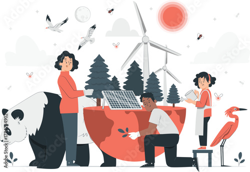 People and Animals Caring for Earth with Renewable Energy Keywords: earth, planet, globe, solar