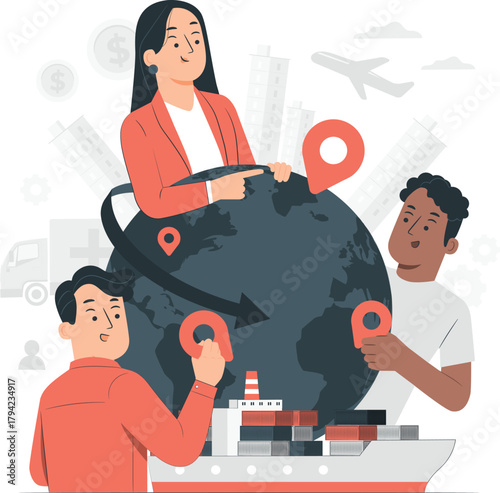 People Arranging Global Shipping Routes With Cargo Ship And Airplane logistics trade