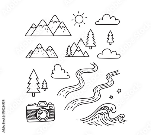 Nature and outdoor adventure doodle set featuring mountains trees clouds sun rivers ocean waves and a vintage camera perfect for exploration themes