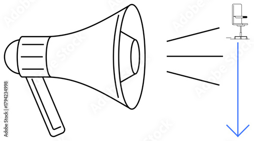 Minimalist megaphone projecting sound waves towards a chair with arrow indicating influence, direction, or authority. Ideal for leadership, communication, influence, direction, guidance, motivation