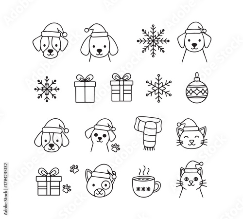 Cute holiday animals and winter elements line art collection featuring dogs cats snowflakes gifts festive scarf and hot beverage perfect for seasonal designs