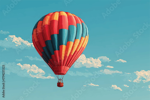 Colorful hot air balloon flying high above the clouds artwork