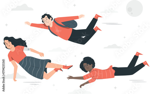 People Flying Through the Sky with Clouds and Moon vector illustration